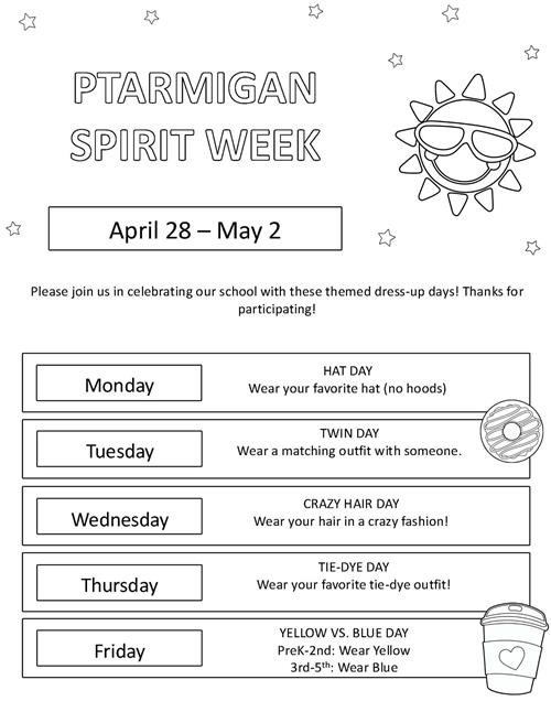 Ptarmigan Spirit Week on April 28 - May 2, 2025